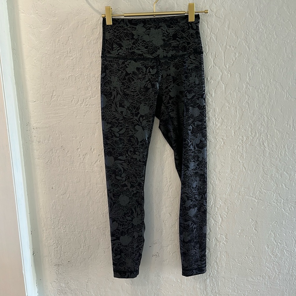 Lululemon Black Leggings with Metallic Floral Print, Size 4